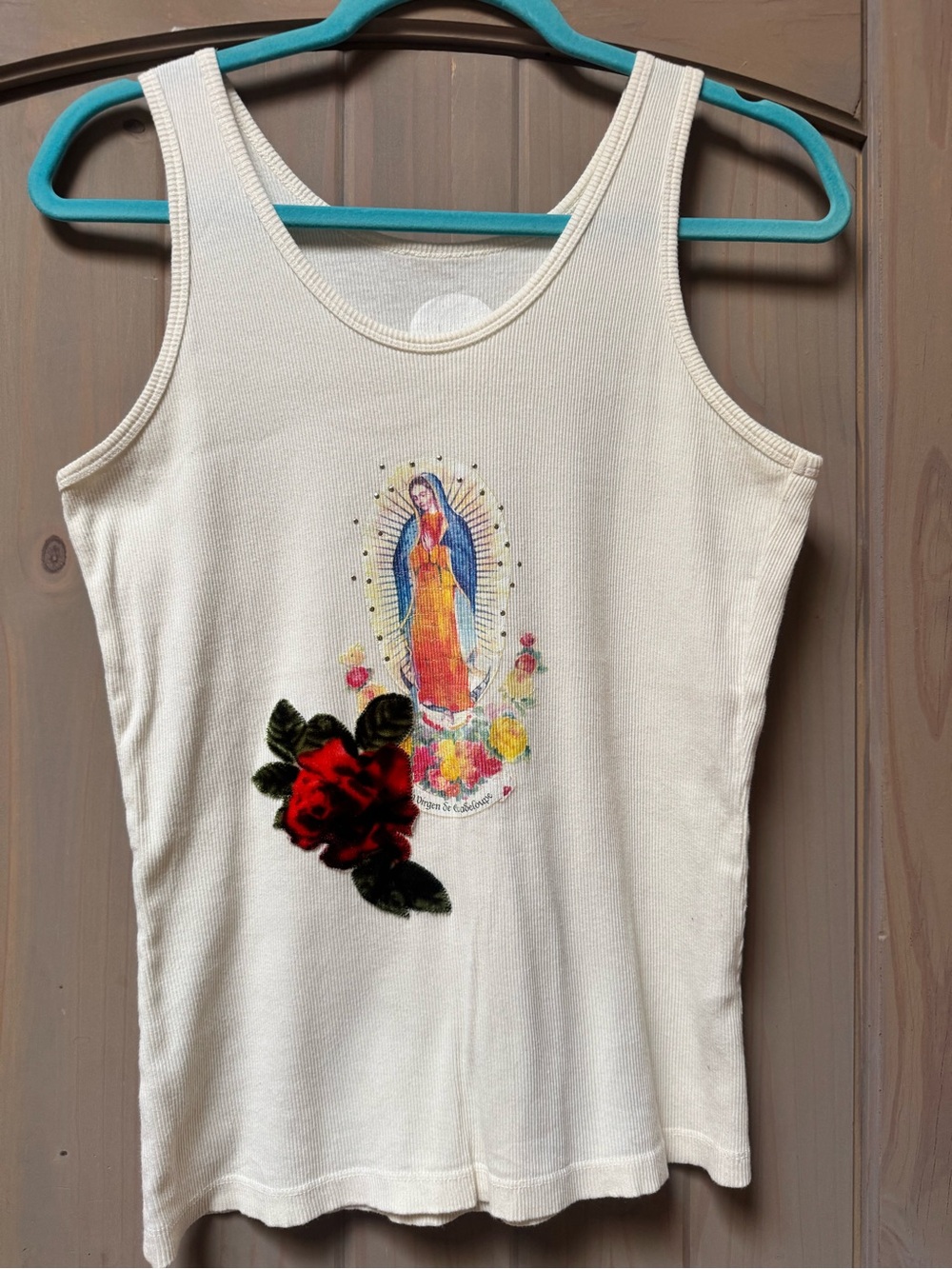 Double D Ranch Cream Tank Top with Colorful Religious Graphic and Red Rose